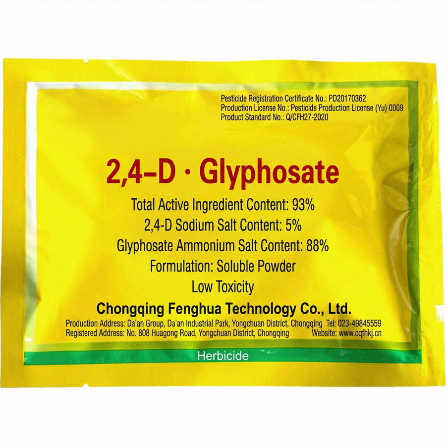 2,4-D Sodium Salt 5% and Glyphosate Ammonium Salt 88% herbicide in 100g soluble powder form for broad-spectrum weed control.