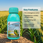 Pre-emergence herbicide solution designed for preventing weed growth in field crops and agricultural soils.