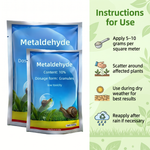 Demonstrating the application of Metaldehyde 10% G granules around plant roots to control slugs and snails in a vegetable garden.