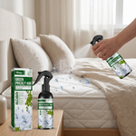 Using bed bug and mite killer spray on a sofa to prevent reinfestation and control pest problems in the living room.