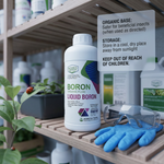 Versatile boron fertilizer suitable for foliar spray and soil drench to support plant growth at multiple stages.