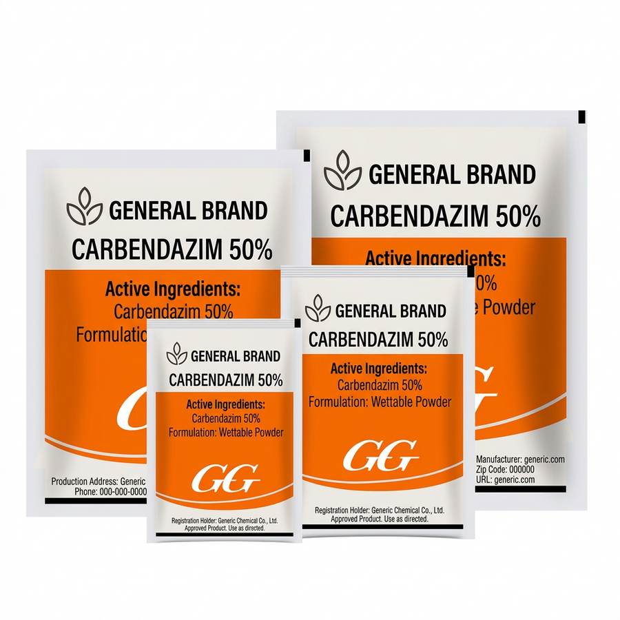 Carbendazim 50% WP fungicide powder for systemic disease control in rice, cereals, and other crops.