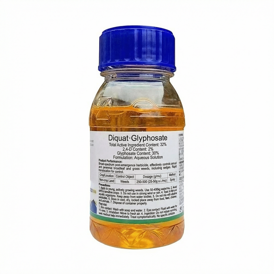Dicamba 2% + Glyphosate 30% herbicide solution for broadleaf and grass weed control in agricultural fields.