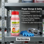 Liquid herbicide mixes easily with water for smooth and efficient spraying.