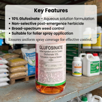 Glufosinate 10% solution for rapid post-emergence weed elimination, ideal for agricultural and landscape use.