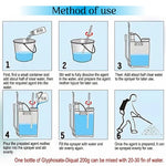 Step-by-step guide on using a Glyphosate-Diquat 200g agent with illustrations and text.