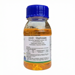 Bottle of 2,4-D Glyphosate with blue cap on a white background