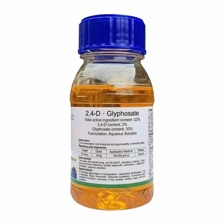 Bottle of 2,4-D Glyphosate with blue cap on a white background