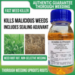 Bottle of weed killer with text highlighting its features on a green background