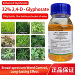 Bottle of 32% 2,4-D Glyphosate with images of weeds and text about weed control.