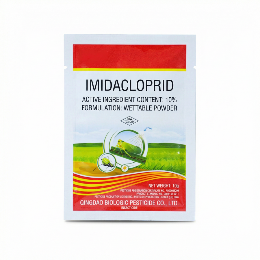 Imidacloprid 10% wettable powder insecticide 10g pack for systemic pest control in agricultural crops.