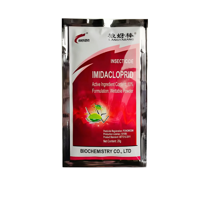 Imidacloprid 10% wettable powder in a 20g package for controlling mosquitoes and flies.