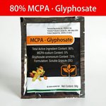 MCPA-Sodium 5% + Glyphosate-Ammonium 75% SG herbicide in 100g soluble granules for systemic weed control in agricultural fields.