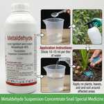A bottle of Metaldehyde 40% SC Molluscicide designed for snail and slug control.