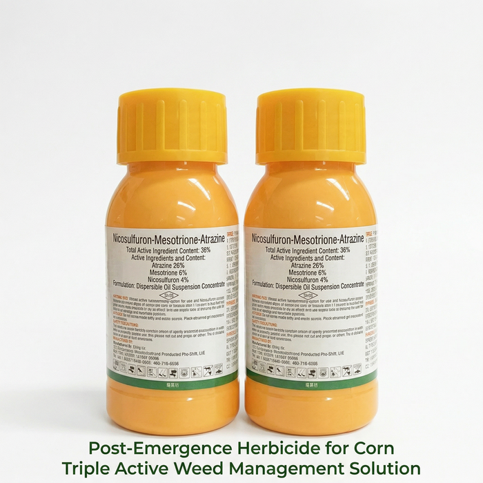 Nicosulfuron 4%, Mesotrione 6%, and Atrazine 26% post-emergence herbicide for corn, providing triple-action weed control.