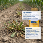Acts quickly on leaf surfaces, causing rapid tissue damage and weed death.