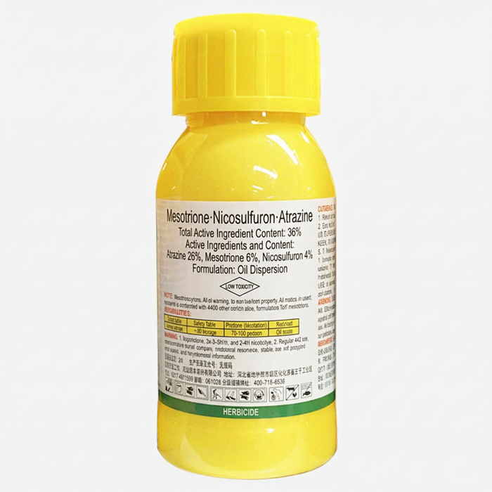 Yellow pesticide bottle with label on a white background